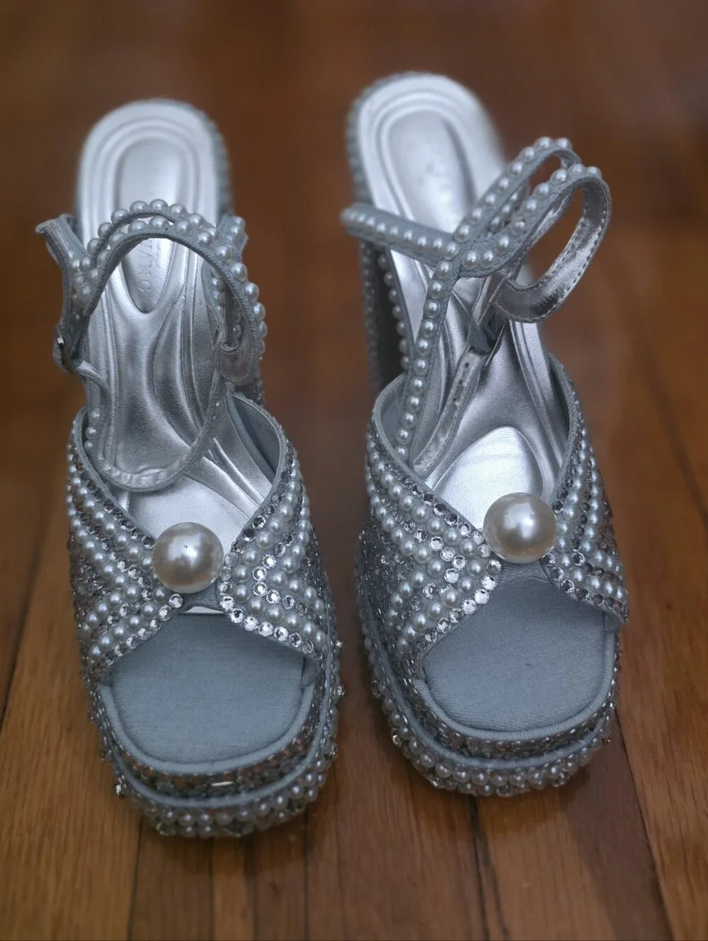 Pearl & Crystal Embellished Powder Blue Platform Heels